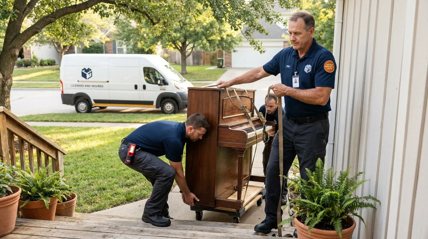 Licensed piano movers securing grand piano in Hilbert, WI