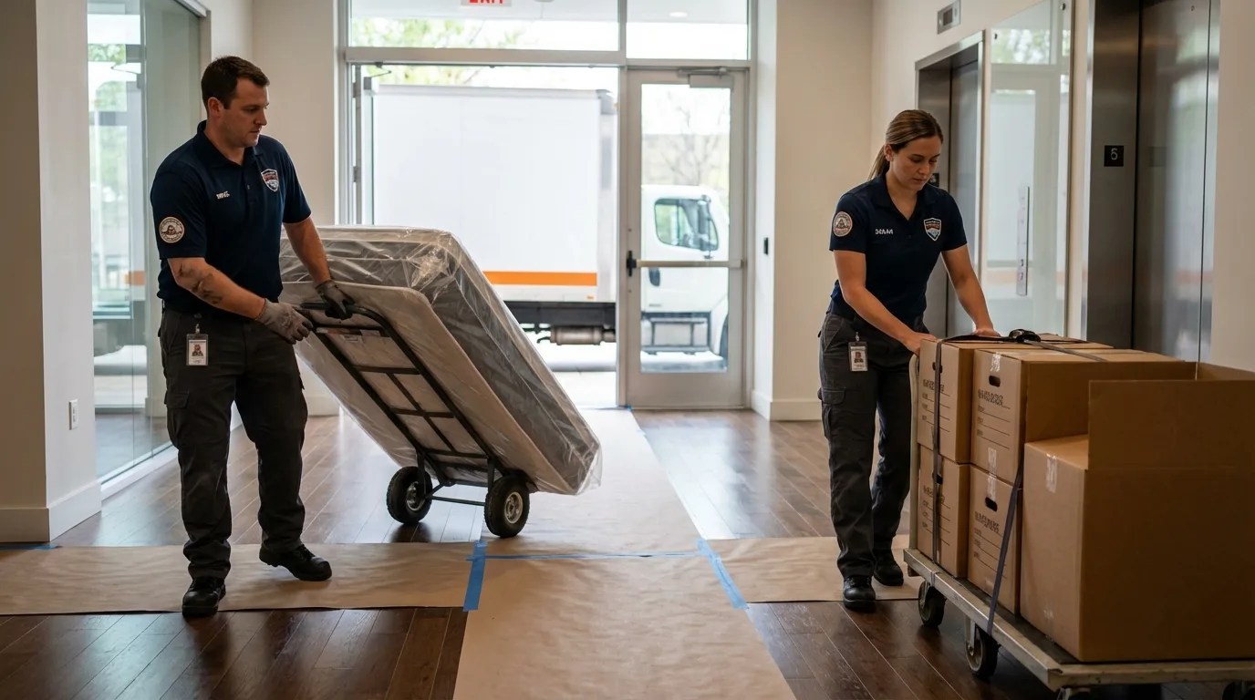 Professional apartment movers loading elevator in Hilbert, WI
