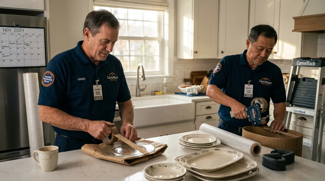 Professional crew packing kitchen dishware in Hilbert, WI